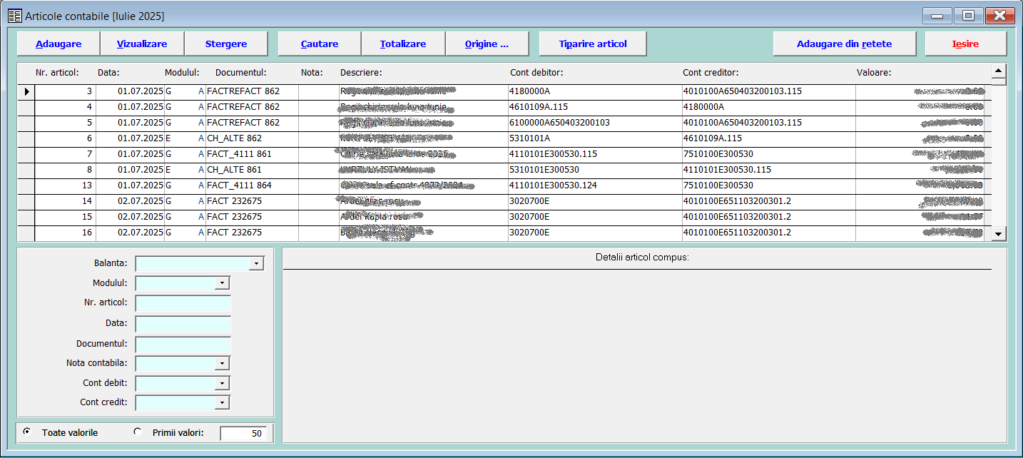 Fereastra principală Articole contabile