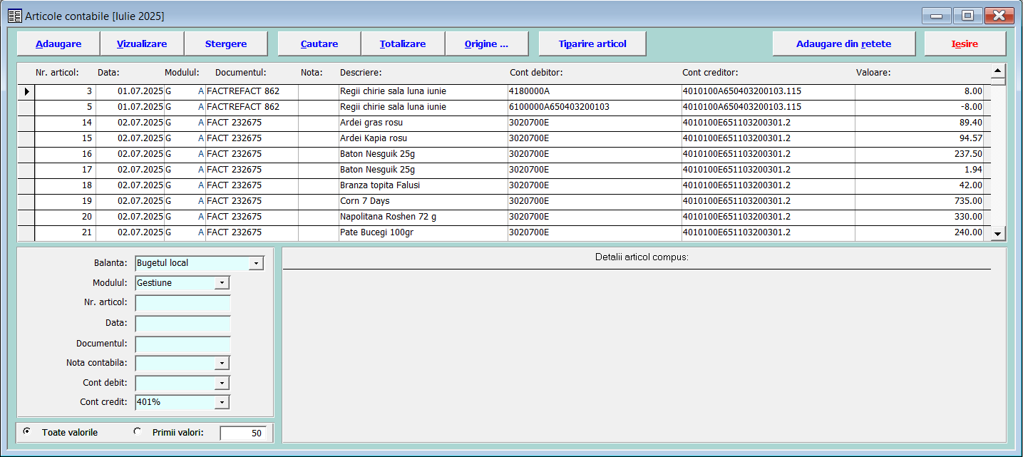 Exemplu criterii căutare articole contabile