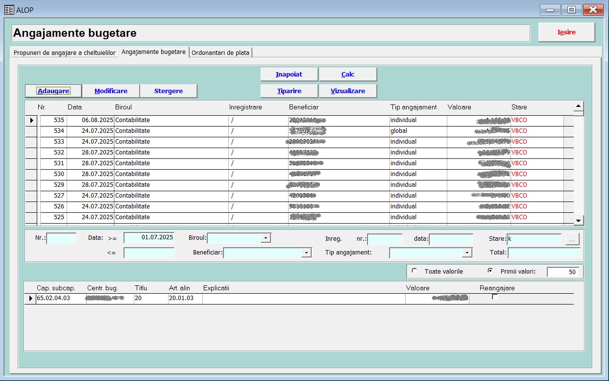 Interfață angajamente bugetare