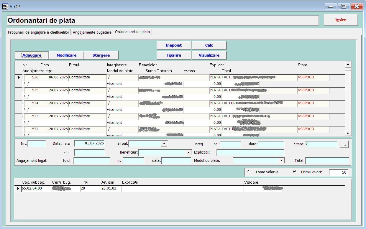 Interfață ordonanțare de plată
