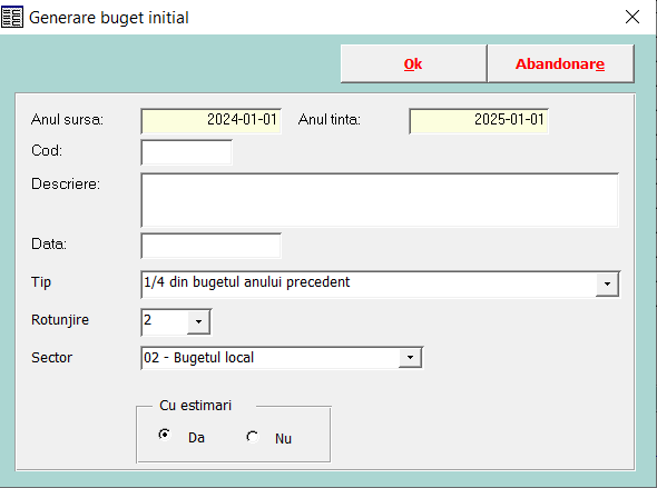 Generare buget inițial