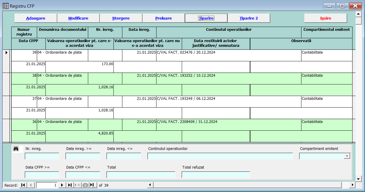 Registru control financiar preventiv