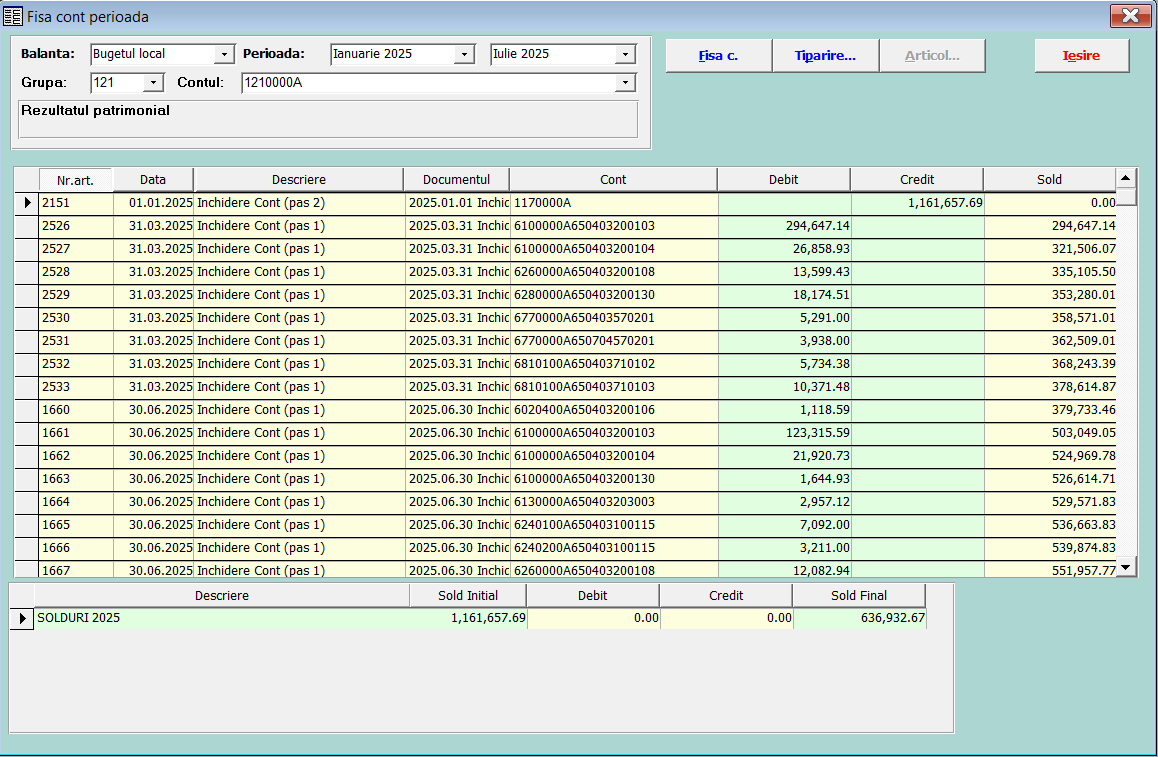 Fișă cont pe perioadă – opțiuni selecție