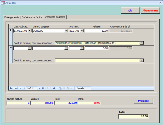 Fila Defalcare bugetară