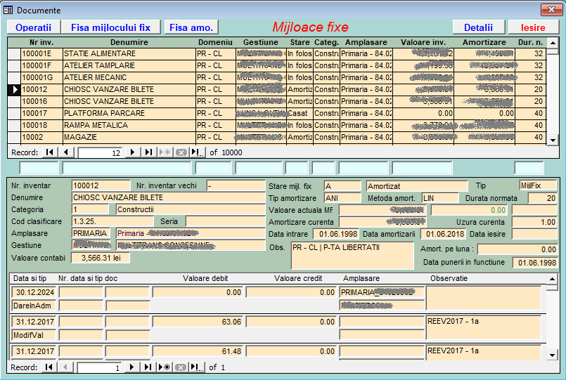 Fereastră fișe mijloace fixe