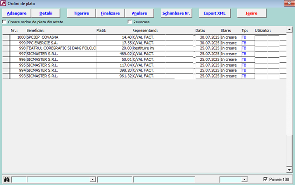 Lista ordinelor de plată - Primii 100