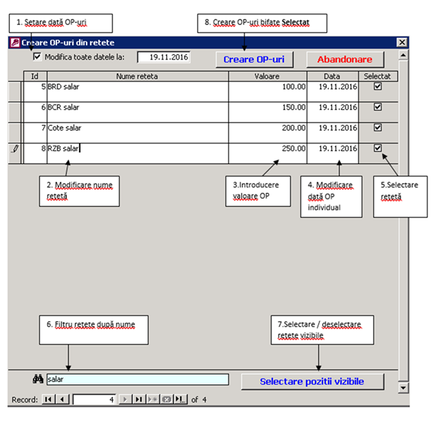 Fereastra Creare OP-uri din rețete