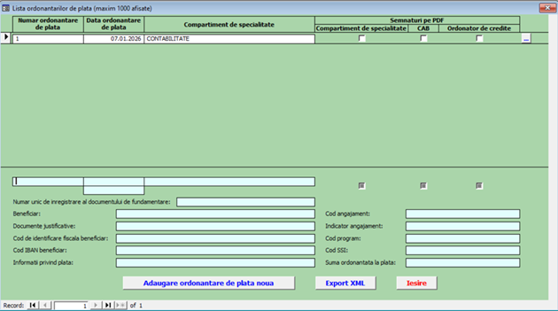 Imagine Ordonanțare de plată pagina principala
