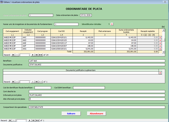 Imagine exemplu completare Ordonanțare de plată – salarii