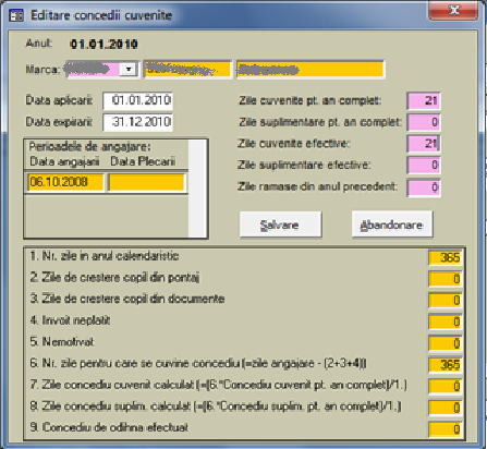 Exemplu introducere concedii cuvenite